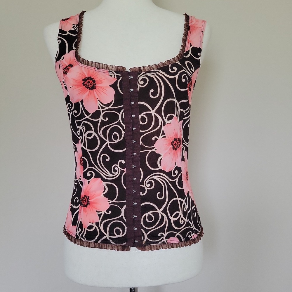 Vintage Outlooks Womens Corset Top Sz L Y2K Whimsigoth Floral Pink Brown Lace